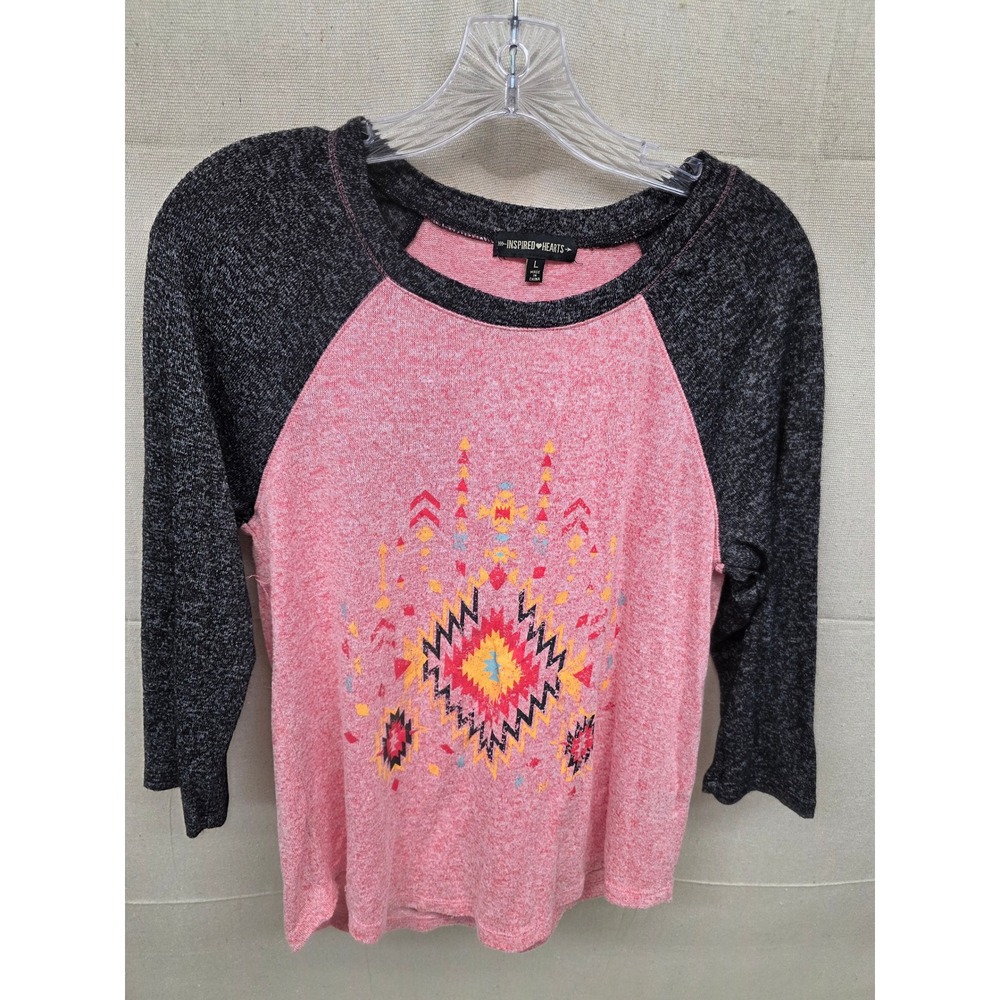 Inspired Hearts Womens Pink Charcoal Grey Southwestern Graphic Raglan Top Large